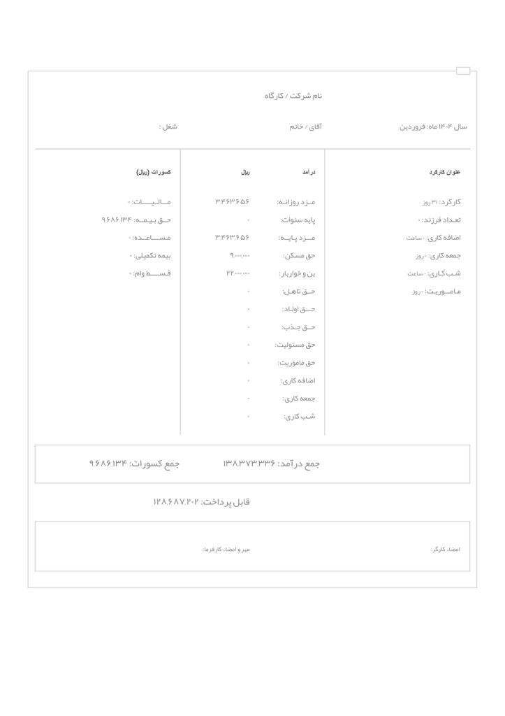 محاسبه آنلاین دستمزد و حقوق کارگران در سال 1404 + فیش حقوقی _ آتیه من